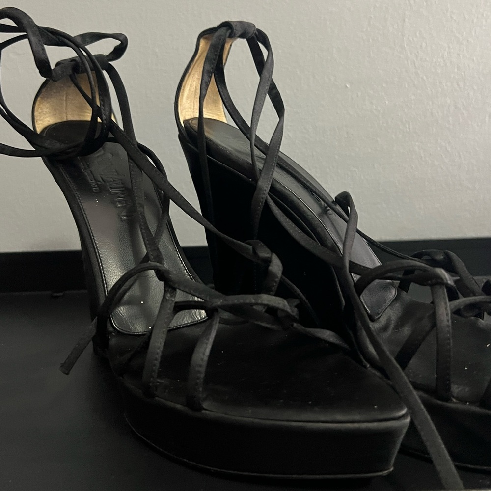 Saint Laurent black satin wedge sandals 42